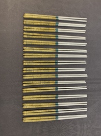 16 pairs of Chinese yellow- and turquoise-enamelled porcelain chopsticks, 20th C.