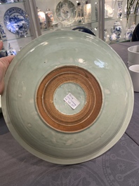Three Chinese celadon dishes with floral design, Ming and later