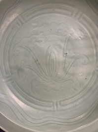 Three Chinese celadon dishes with floral design, Ming and later