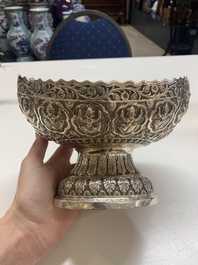Four silver Kashkul bowls and a rectangular tray, India and Persia, 19/20th C.