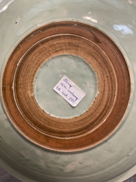 Three Chinese celadon dishes with floral design, Ming and later