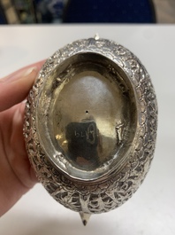 Four silver Kashkul bowls and a rectangular tray, India and Persia, 19/20th C.