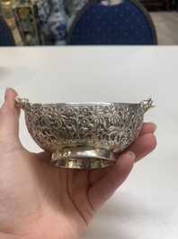 Four silver Kashkul bowls and a rectangular tray, India and Persia, 19/20th C.
