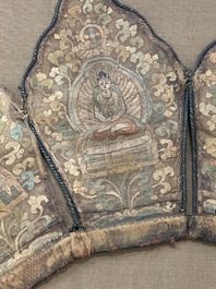 A framed Tibetan silk-embroidered four-leaf ritual crown with Transcendent Buddhas, Tibet, 18th C.