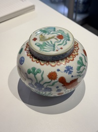 A Chinese doucai 'lotus pond with carps' jar and cover, tian 天 mark, 19/20th C.
