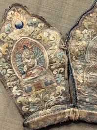 A framed Tibetan silk-embroidered four-leaf ritual crown with Transcendent Buddhas, Tibet, 18th C.