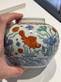 A Chinese doucai 'lotus pond with carps' jar and cover, tian 天 mark, 19/20th C.