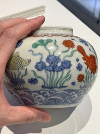 A Chinese doucai 'lotus pond with carps' jar and cover, tian 天 mark, 19/20th C.