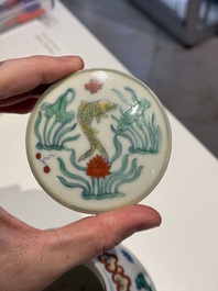 A Chinese doucai 'lotus pond with carps' jar and cover, tian 天 mark, 19/20th C.