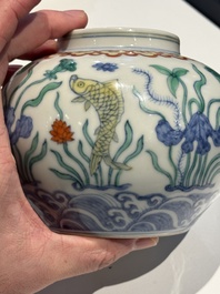 A Chinese doucai 'lotus pond with carps' jar and cover, tian 天 mark, 19/20th C.