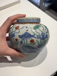 A Chinese doucai 'lotus pond with carps' jar and cover, tian 天 mark, 19/20th C.