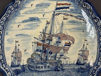 A fine polychrome Dutch Delft 'ship' plaque, 18th C.