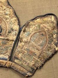 A framed Tibetan silk-embroidered four-leaf ritual crown with Transcendent Buddhas, Tibet, 18th C.