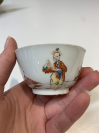 Two Chinese famille rose teapots, four cups and two saucers, Qianlong