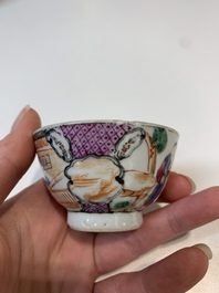 Two Chinese famille rose teapots, four cups and two saucers, Qianlong