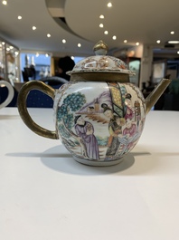 Two Chinese famille rose teapots, four cups and two saucers, Qianlong