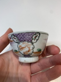 Two Chinese famille rose teapots, four cups and two saucers, Qianlong