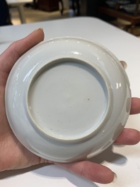 Two Chinese famille rose teapots, four cups and two saucers, Qianlong