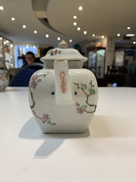 Two Chinese famille rose teapots, four cups and two saucers, Qianlong