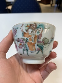 A Chinese famille rose 'butterflies' bowl, a 'boys and kilin' cup and a famille verte 'warriors' bowl, Jiaqiang mark and of the period and 19th C.