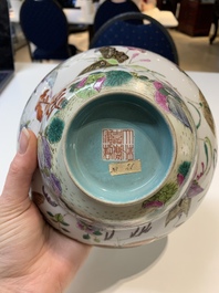 A Chinese famille rose 'butterflies' bowl, a 'boys and kilin' cup and a famille verte 'warriors' bowl, Jiaqiang mark and of the period and 19th C.
