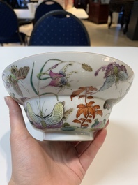 A Chinese famille rose 'butterflies' bowl, a 'boys and kilin' cup and a famille verte 'warriors' bowl, Jiaqiang mark and of the period and 19th C.