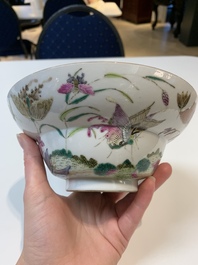 A Chinese famille rose 'butterflies' bowl, a 'boys and kilin' cup and a famille verte 'warriors' bowl, Jiaqiang mark and of the period and 19th C.