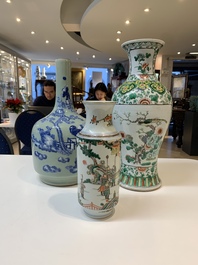 Two Chinese famille verte vases and a blue and white celadon-ground vase, 19th C.