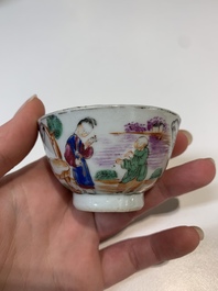 Two Chinese famille rose teapots, four cups and two saucers, Qianlong