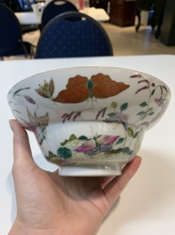 A Chinese famille rose 'butterflies' bowl, a 'boys and kilin' cup and a famille verte 'warriors' bowl, Jiaqiang mark and of the period and 19th C.