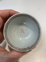 Two Chinese famille rose teapots, four cups and two saucers, Qianlong