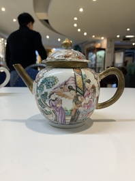 Two Chinese famille rose teapots, four cups and two saucers, Qianlong