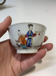 Two Chinese famille rose teapots, four cups and two saucers, Qianlong