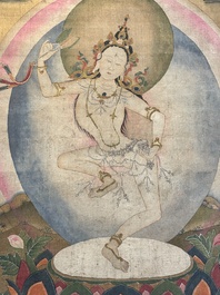 Chinese School: 'White Tara', ink and colour on silk, Qing or later