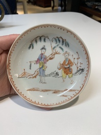 Two Chinese famille rose teapots, four cups and two saucers, Qianlong