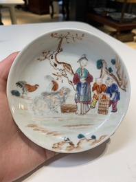 Two Chinese famille rose teapots, four cups and two saucers, Qianlong