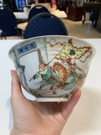 A Chinese famille rose 'butterflies' bowl, a 'boys and kilin' cup and a famille verte 'warriors' bowl, Jiaqiang mark and of the period and 19th C.