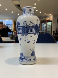 Three Chinese blue and white vases with antiquities, dragons and figures, 19th C.