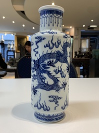 Three Chinese blue and white vases with antiquities, dragons and figures, 19th C.
