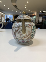 Two Chinese famille rose teapots, four cups and two saucers, Qianlong