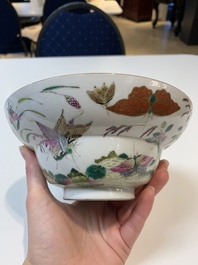 A Chinese famille rose 'butterflies' bowl, a 'boys and kilin' cup and a famille verte 'warriors' bowl, Jiaqiang mark and of the period and 19th C.