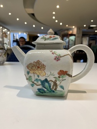 Two Chinese famille rose teapots, four cups and two saucers, Qianlong