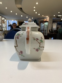 Two Chinese famille rose teapots, four cups and two saucers, Qianlong
