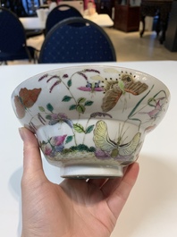 A Chinese famille rose 'butterflies' bowl, a 'boys and kilin' cup and a famille verte 'warriors' bowl, Jiaqiang mark and of the period and 19th C.
