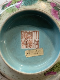 A Chinese famille rose 'butterflies' bowl, a 'boys and kilin' cup and a famille verte 'warriors' bowl, Jiaqiang mark and of the period and 19th C.