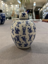 A Chinese wucai vase and seven blue and white jarlets, 19th C.