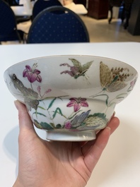 A Chinese famille rose 'butterflies' bowl, a 'boys and kilin' cup and a famille verte 'warriors' bowl, Jiaqiang mark and of the period and 19th C.