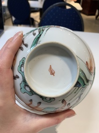 A Chinese famille rose 'butterflies' bowl, a 'boys and kilin' cup and a famille verte 'warriors' bowl, Jiaqiang mark and of the period and 19th C.