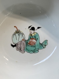 A Chinese famille rose 'butterflies' bowl, a 'boys and kilin' cup and a famille verte 'warriors' bowl, Jiaqiang mark and of the period and 19th C.
