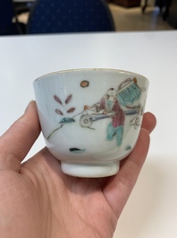 A Chinese famille rose 'butterflies' bowl, a 'boys and kilin' cup and a famille verte 'warriors' bowl, Jiaqiang mark and of the period and 19th C.